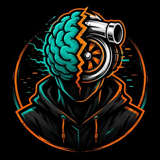 The Turbo Avatar, a hooded faceless figure with a teal brain, metallic turbo and orange turbine details